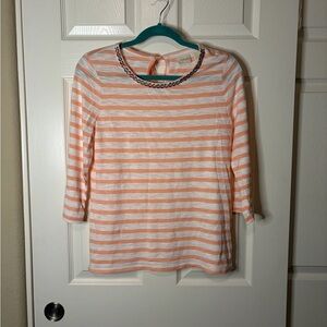 Chico's Coral and White Striped 3/4 Sleeve Beaded Neck Balletcore Top Size 0/Sma